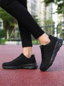 Lässige Sportschuhe für Damen, atmungsaktives Strickobermaterial, dicke Sohlen, weiche Außensohle, Schnürung vorne, leicht - Schwarz - Übersicht 6