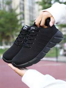 Lässige Sportschuhe für Damen, atmungsaktives Strickobermaterial, dicke Sohlen, weiche Außensohle, Schnürung vorne, leicht - Schwarz - Übersicht 9
