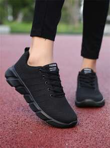 Lässige Sportschuhe für Damen, atmungsaktives Strickobermaterial, dicke Sohlen, weiche Außensohle, Schnürung vorne, leicht - Schwarz - Übersicht 7