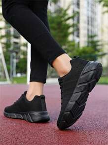 Lässige Sportschuhe für Damen, atmungsaktives Strickobermaterial, dicke Sohlen, weiche Außensohle, Schnürung vorne, leicht - Schwarz - Übersicht 5