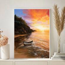 1幅原創油畫,描繪美麗的海洋海灘和懸崖上的日落漁船,現代印象派,現代主義,海洋主義,客廳,走廊,臥室裝飾畫(不含框) - 彩色 - 查看 5