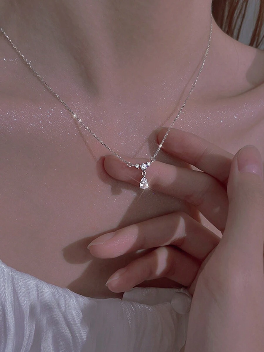 1入網紅水滴形鑲鑽吊墜閃亮項鍊,適用於聚會、約會、日常穿戴、禮物