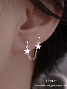 1pc Silver Star Connected Chain Pendant Double Piercing Stainless Steel Earring - Silver - View 3