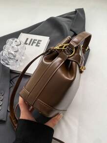 KVKY Elegant Simple Metal Lock Bucket Bag Retro Coffee Brown Shoulder Bag Women's Mini Wallet Ideal for Business Casual Work Holiday Office Vacation - Coffee Brown - View 6