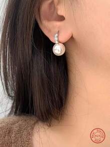 1對簡約韓風S925純銀貝母耳扣耳環，適用於女性通勤佩戴 - 銀色 - 查看 1