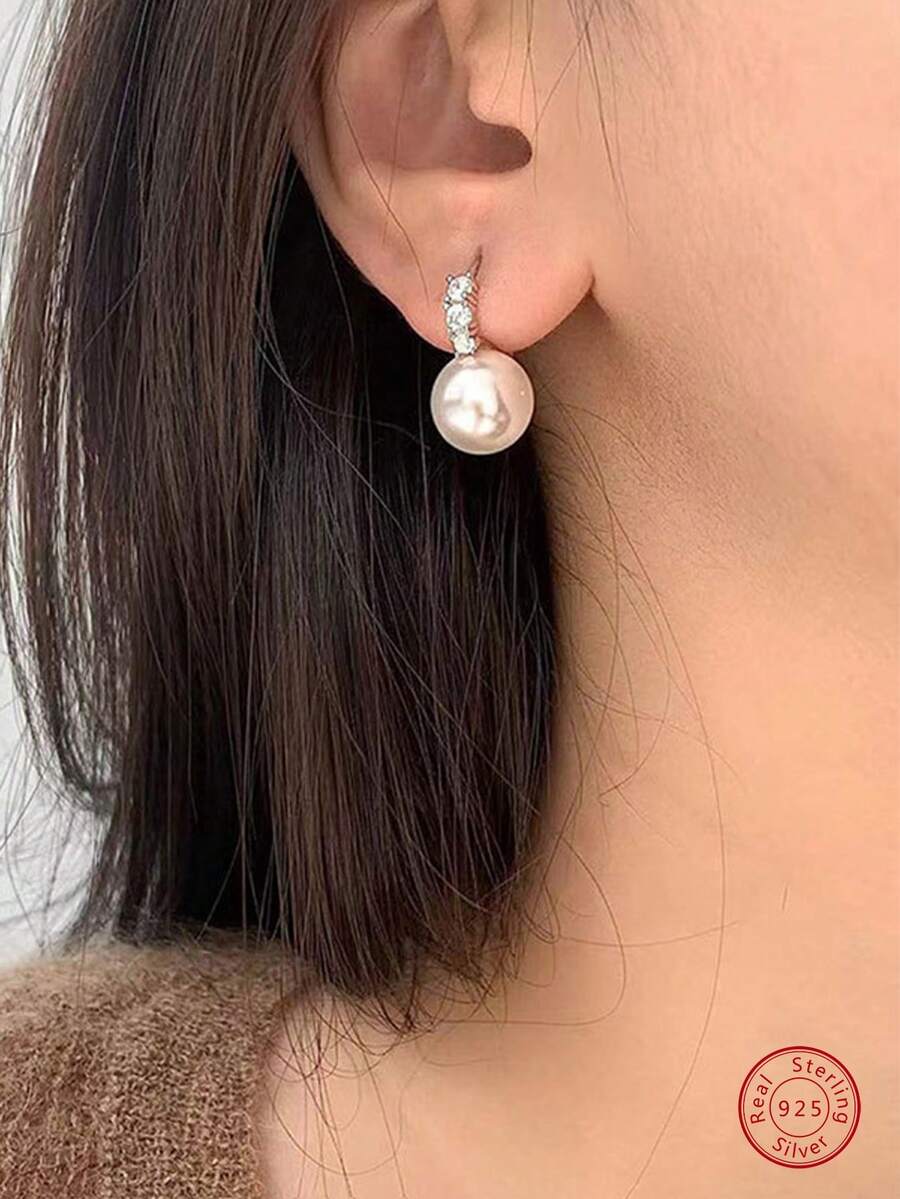 1 Cặp Đơn Giản Hàn Quốc S925 Sterling Bạc Vỏ Ngọc Trai Tai Khóa Bông Tai Nữ Đi Lại Khi Mặc - Bạc - Xem 1