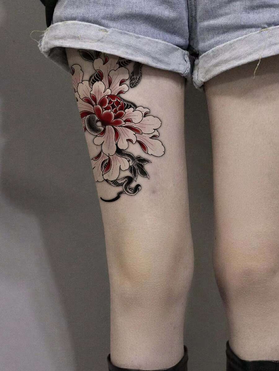 Thigh Temporary Tattoo Stickers With Snake And Peony Design, Waterproof, Disposable, For Women And Girls - Black - View 1