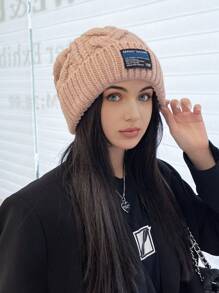 Gorro de invierno a la moda para mujer, gorro cálido para exteriores, tejido de Color sólido, estilo Simple, para parejas, 1 pieza - Caqui - Ver 3