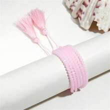 1 Miếng Sang trọng Boho Nhiều lớp Vòng tay cườm Với Chi tiết Fringe Đối với phụ nữ , Có thể điều chỉnh - Hồng - Xem 1