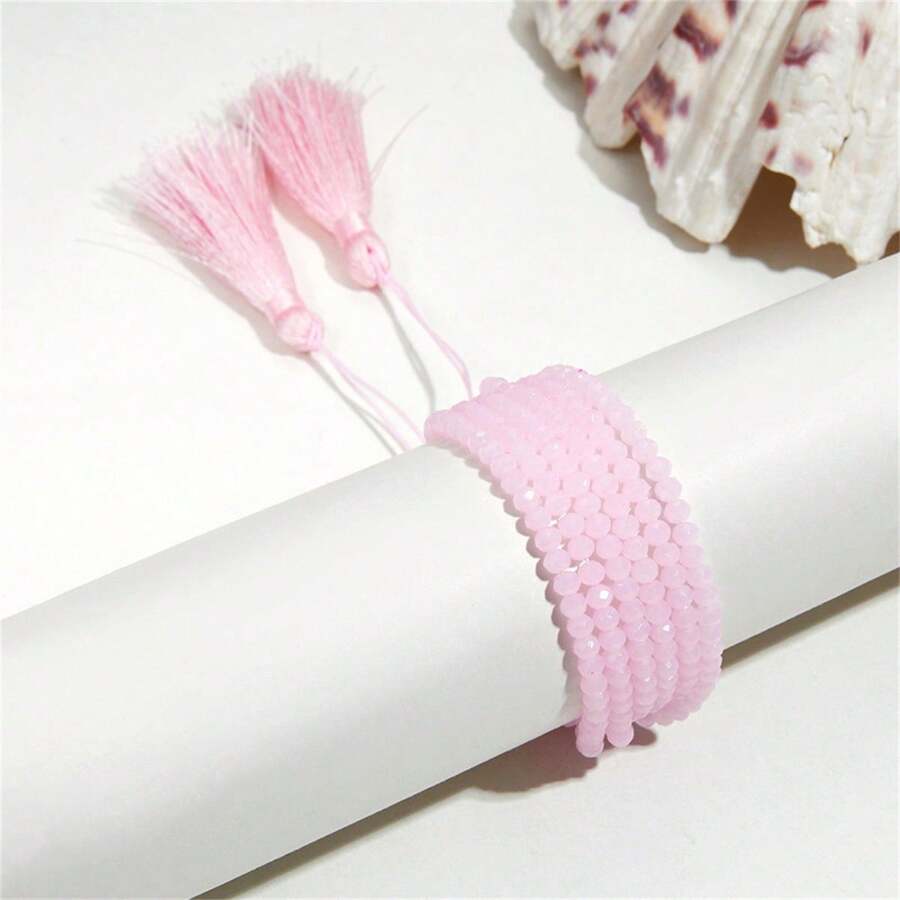 1 Miếng Sang trọng Boho Nhiều lớp Vòng tay cườm Với Chi tiết Fringe Đối với phụ nữ , Có thể điều chỉnh - Hồng - Xem 1