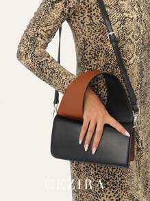 CEZIRA 時尚雙色扭轉手柄方形蓋子手提袋,小號pu素面人造皮革可調長帶斜背手提包,優雅百搭全季適用女性手袋 - 黑色 - 查看 1