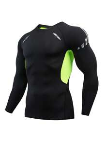 1 pezzo Maglietta a maniche lunghe da uomo stile boyfriend, in verde e nero, spessa, da palestra, stile basic per uomo