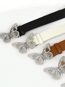 1條女士腰帶,pu皮革帶金屬蝴蝶扣和鑲有鑽石裝飾,時尚配飾配裙子或牛仔褲