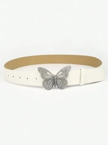 1條女士腰帶,pu皮革帶金屬蝴蝶扣和鑲有鑽石裝飾,時尚配飾配裙子或牛仔褲