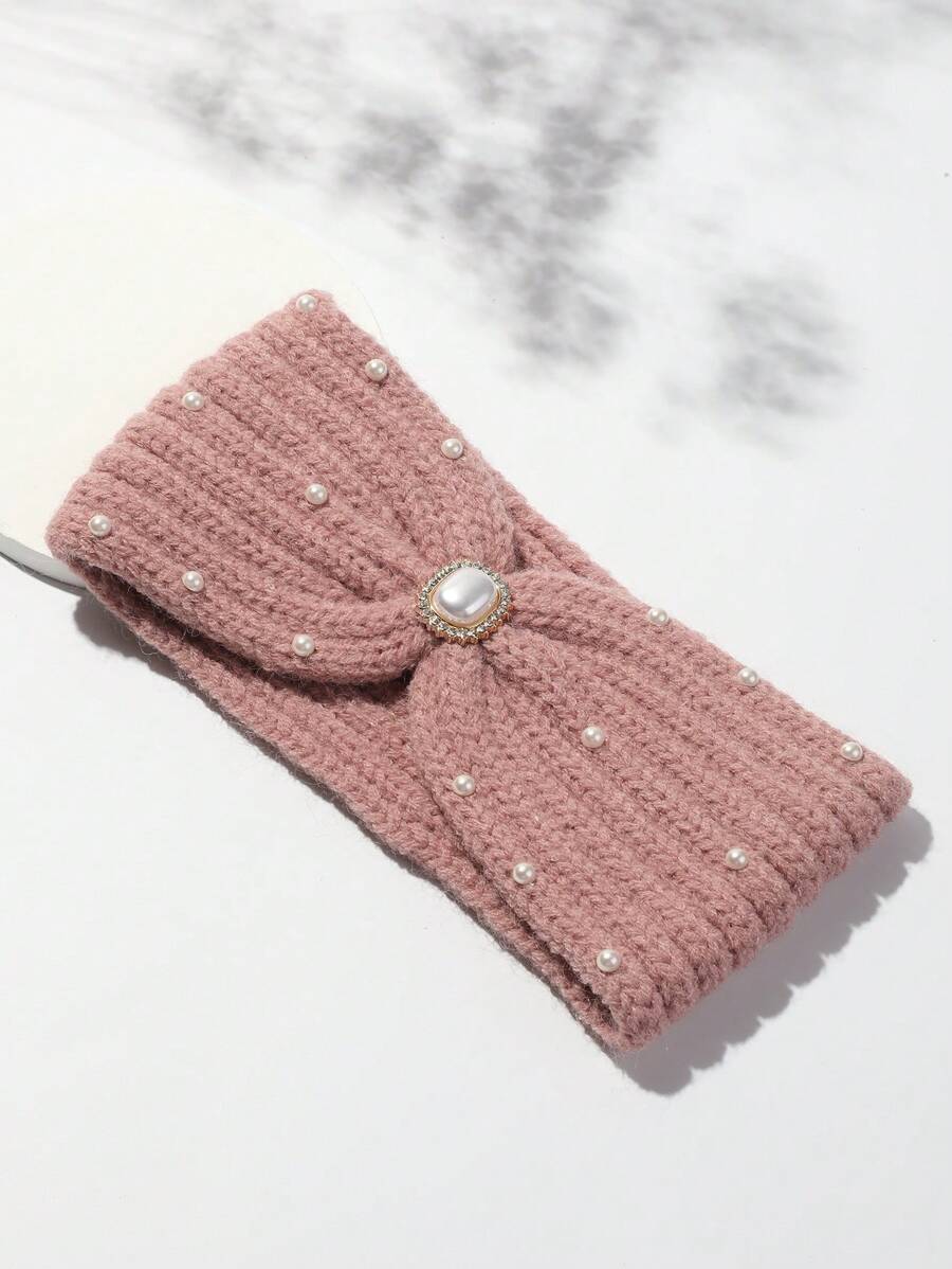 1pc Solid Color, Simple Style, Thickened Winter Headband Hair Accessory With Faux Pearl & Rhinestone Decor, Suitable For Keeping Warm And Daily Wear In Autumn And Winter - Pink - View 1