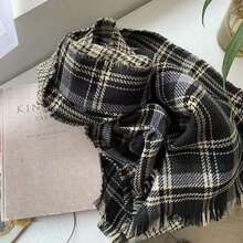 1pc Men's Black Double-sided Plaid Square Winter Scarf, Warm And Fashionable For Daily Use - Black - View 2