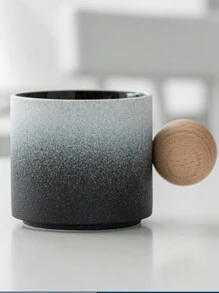 1pc Fashionable Ceramic Coffee Cup With Solid Wood Handle, Ideal For Home And Office Use - Frosted[gradient black] - View 1