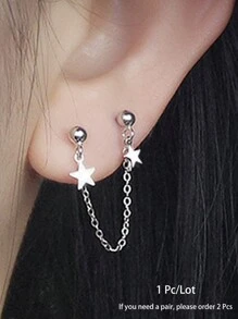 1pc Silver Star Connected Chain Pendant Double Piercing Stainless Steel Earring - Silver - View 1
