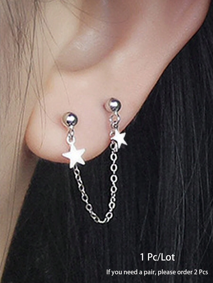1pc Silver Star Connected Chain Pendant Double Piercing Stainless Steel Earring - Silver - View 1