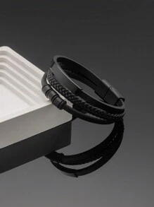 1個時尚商務pu皮革金屬貴族手鏈,適合作為假日生日禮物 - 黑色 - 查看 9