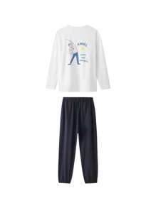 Annil 青少年男童春秋季純棉肌膚親和性圓領長袖白色睡衣套裝