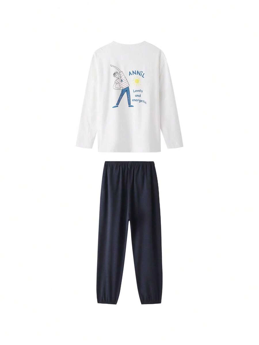 Annil 青少年男童春秋季純棉肌膚親和性圓領長袖白色睡衣套裝