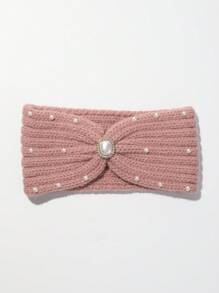 1pc Solid Color, Simple Style, Thickened Winter Headband Hair Accessory With Faux Pearl & Rhinestone Decor, Suitable For Keeping Warm And Daily Wear In Autumn And Winter - Pink - View 6