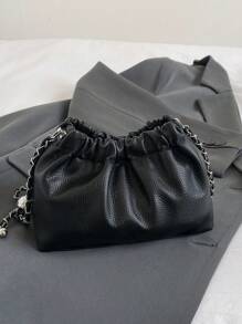 件女式黑色 PU 包，搭配金色鏈條和磁性按扣，適合日常使用女士斜背包 PU 皮革褶皺手提包防水時尚單肩包旅行女士日常手提包 - 黑色 - 查看 5