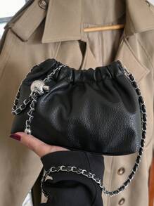 件女式黑色 PU 包，搭配金色鏈條和磁性按扣，適合日常使用女士斜背包 PU 皮革褶皺手提包防水時尚單肩包旅行女士日常手提包 - 黑色 - 查看 7