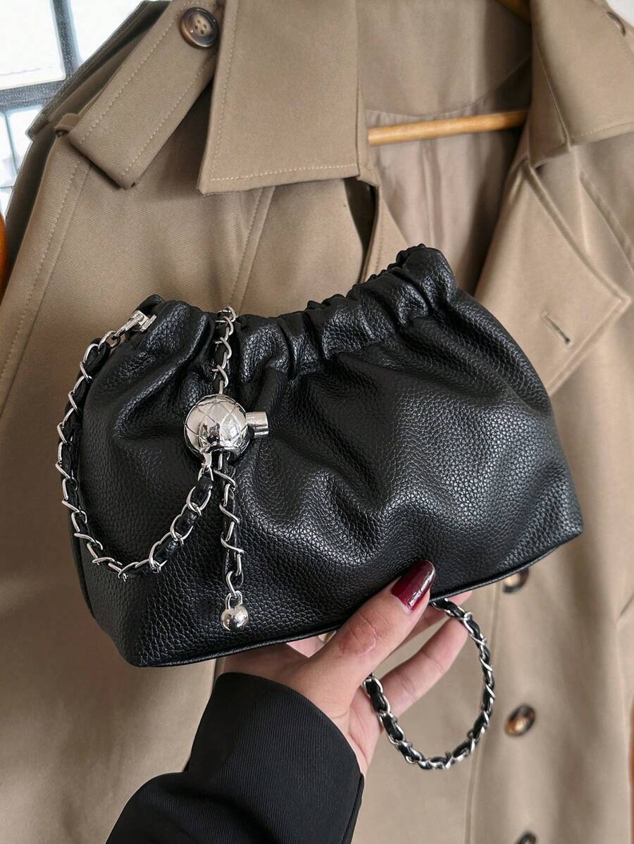 件女式黑色 PU 包，搭配金色鏈條和磁性按扣，適合日常使用女士斜背包 PU 皮革褶皺手提包防水時尚單肩包旅行女士日常手提包 - 黑色 - 查看 1