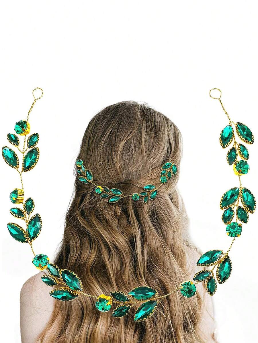 1pc Green Rhinestone Decor Soft Chain Hair Band For Women Bridal Headpiece - Green - View 1
