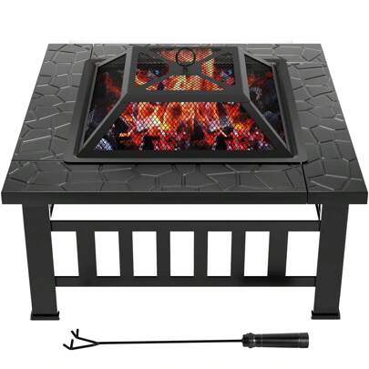 Rankok 32-Inch Fire Pits Outdoor Patio Metal Multifunctional Firepit Table With Waterproof Cover For Camping Bonfire Party Picnic BBQ Backyard Garden Outside Heating,Black