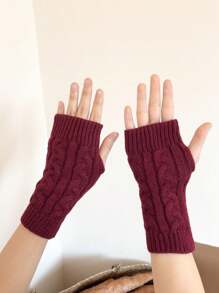 1双女士露指针织手套，适合秋冬季夏季书写 - 酒紅色 - 查看 3