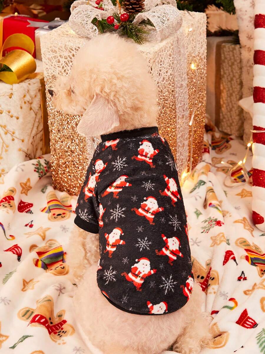 PETSIN 1 件寵物聖誕主題雪花和聖誕老人無帽運動衫,珊瑚絨製成 - 彩色 - 查看 1