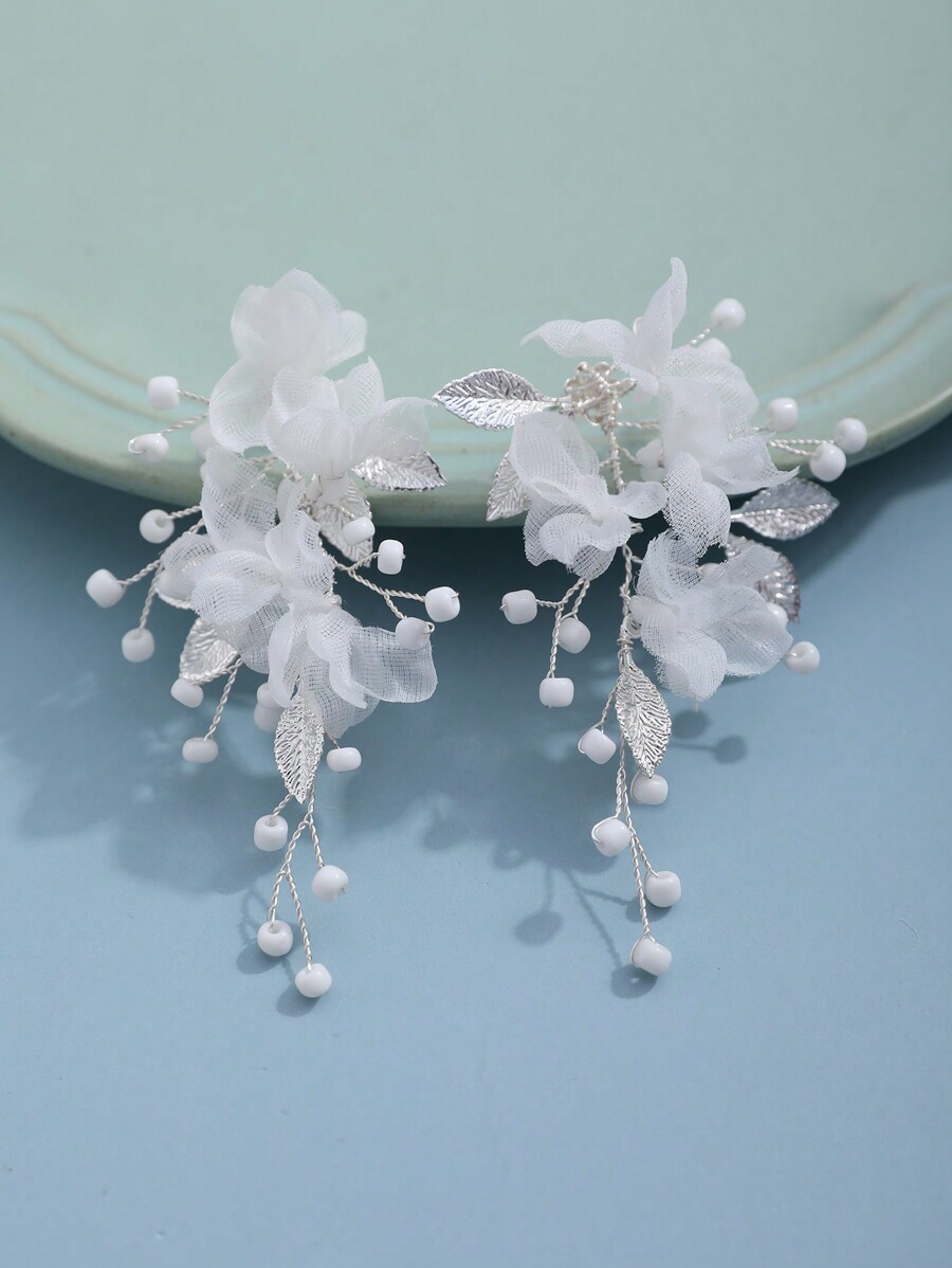 2pcs/Set Ladies' Elegant Bridal Earrings With White Mesh Flowers