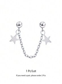 1pc Silver Star Connected Chain Pendant Double Piercing Stainless Steel Earring - Silver - View 7