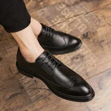 Men's Pointed-toe Business Pu Leather Shoes Brock Carving Formal Leather Shoes British Style Low-top Lace-up Shoes Fashion Pu Leather Simple Color Work Shoes Party Wedding Popular Shoes Streetwear Casual Shoes - Black - View 3