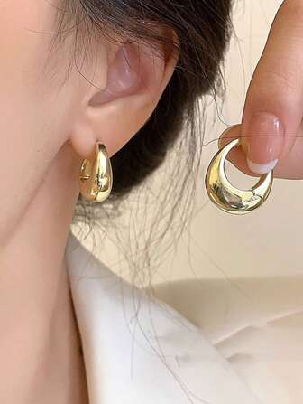 1pair Oval Shape Simple & Elegant Metal Hoop Earrings, Versatile