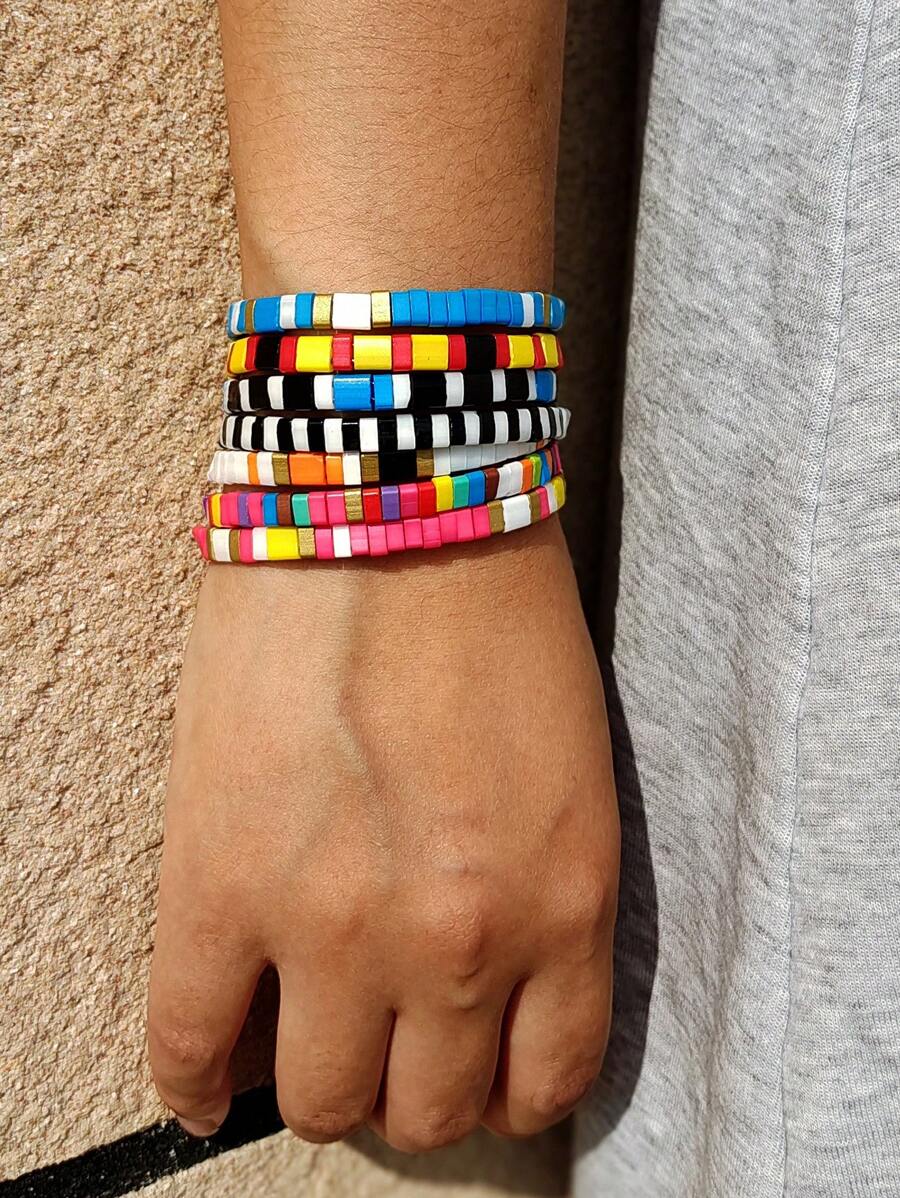 女士彩色手链串珠缠绕珠波西米亚风冲浪珠宝 - 黑與白 - 查看 1