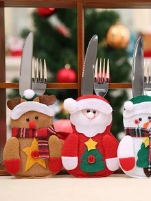 2pcs Christmas Felt Placemat And Cutlery Holder, Party Restaurant Kitchen Decor, Christmas Dining Table Centerpiece, Christmas Gift, Snowman, Reindeer, Santa Claus, Christmas Tree, Random Colors And Styles - Multicolor - View 2