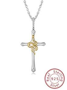 FOREVER QUEEN 1入組S925純銀蛇造型十字吊墜項鍊適合女士,時尚首飾類禮品
