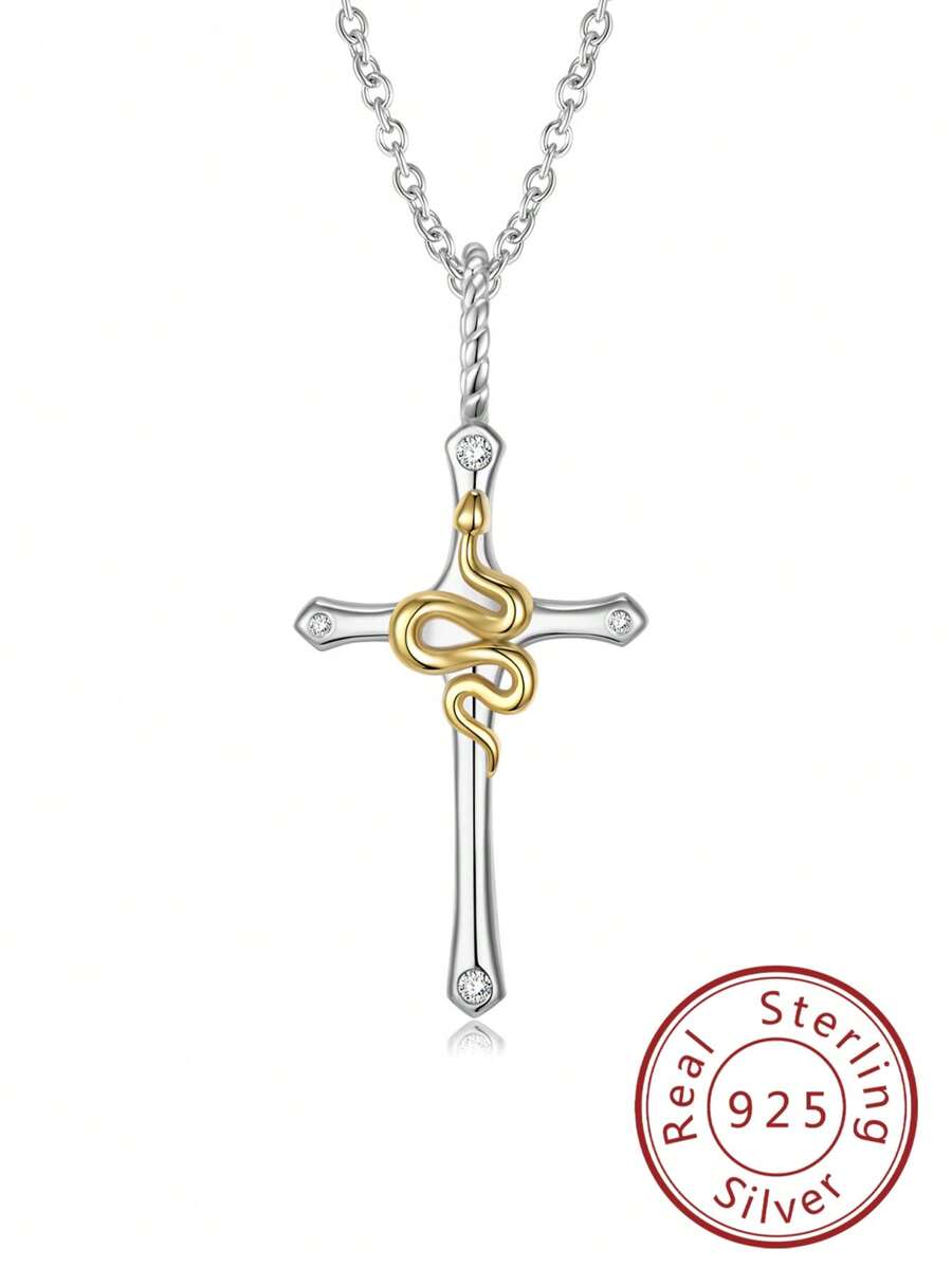 FOREVER QUEEN 1入組S925純銀蛇造型十字吊墜項鍊適合女士,時尚首飾類禮品
