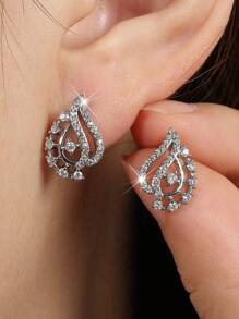 2pcs Fashionable Cubic Zirconia & Leaf Decor Stud Earrings Suitable For Ladies' Everyday Wear - Silver - View 2