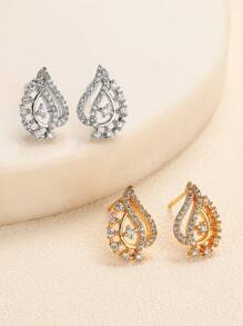 2pcs Fashionable Cubic Zirconia & Leaf Decor Stud Earrings Suitable For Ladies' Everyday Wear - Silver - View 1