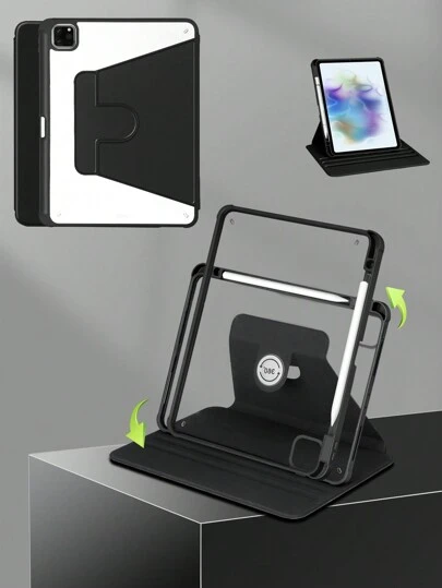 1个360°旋转透明亚克力黑色iPad保护壳，带笔槽、唤醒/睡眠功能、3种支架模式、四角防摔保护，兼容iPad Mini 6/Mini 7/9.7/10.2/10.5/Air 4/Air 5/第十代/10.9/Pro 11英寸/Air 11英寸(M2)/Air 13英寸(M2)/Pro 11英寸(M4)/Pro 13英寸(M4) 2024/12.9英寸/iPad Air 13英寸(M3 2025)/iPad Air 11英寸(M3) 2025/iPad (A16) 11英寸第十一代2025款，亚克力硬质后盖带保护膜