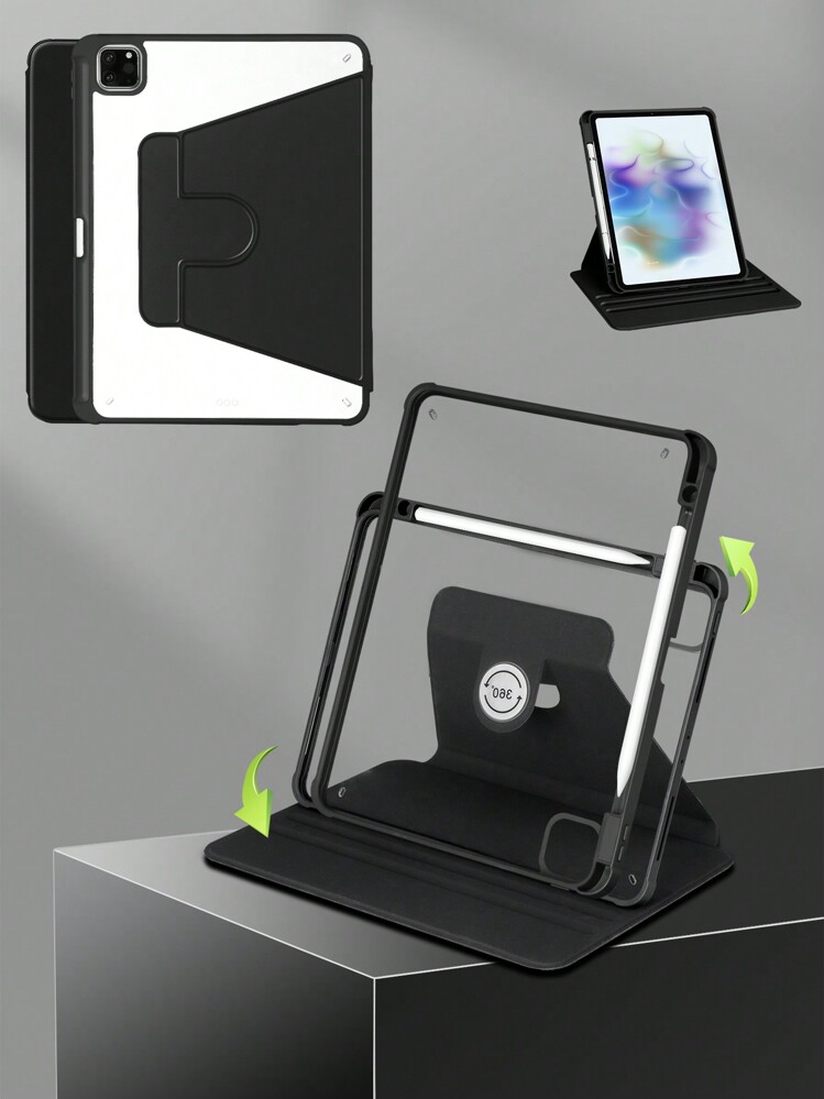 1个360°旋转透明亚克力黑色iPad保护壳，带笔槽、唤醒/睡眠功能、3种支架模式、四角防摔保护，兼容iPad Mini 6/Mini 7/9.7/10.2/10.5/Air 4/Air 5/第十代/10.9/Pro 11英寸/Air 11英寸(M2)/Air 13英寸(M2)/Pro 11英寸(M4)/Pro 13英寸(M4) 2024/12.9英寸/iPad Air 13英寸(M3 2025)/iPad Air 11英寸(M3) 2025/iPad (A16) 11英寸第十一代2025款，亚克力硬质后盖带保护膜 - 黑色 - 查看 1