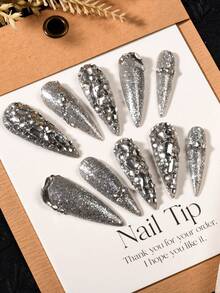 (l號碼)使用10入組手工壓花假指甲,銀色閃爍閃光款式時尚適用於派對女性和女孩們 - 彩色 - 查看 2