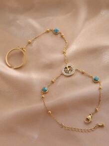 1pc Tree of Life & Turquoise Decor Finger Ring - Yellow Gold - View 3