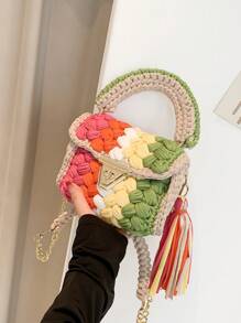 1pc Handmade Crochet Strip Multicolor Khaki Shoulder Bag, Color Blocking Design, And Minimalist Square Shape, Detachable Chain Handle, Large Capacity, Perfect For Daily Use, Party And As A Gift For Friends - Khaki - View 7