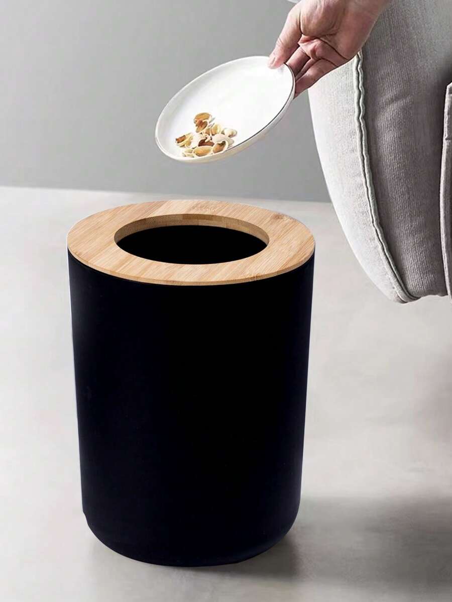 Black Trash Can With Bamboo Lid - Black - View 1